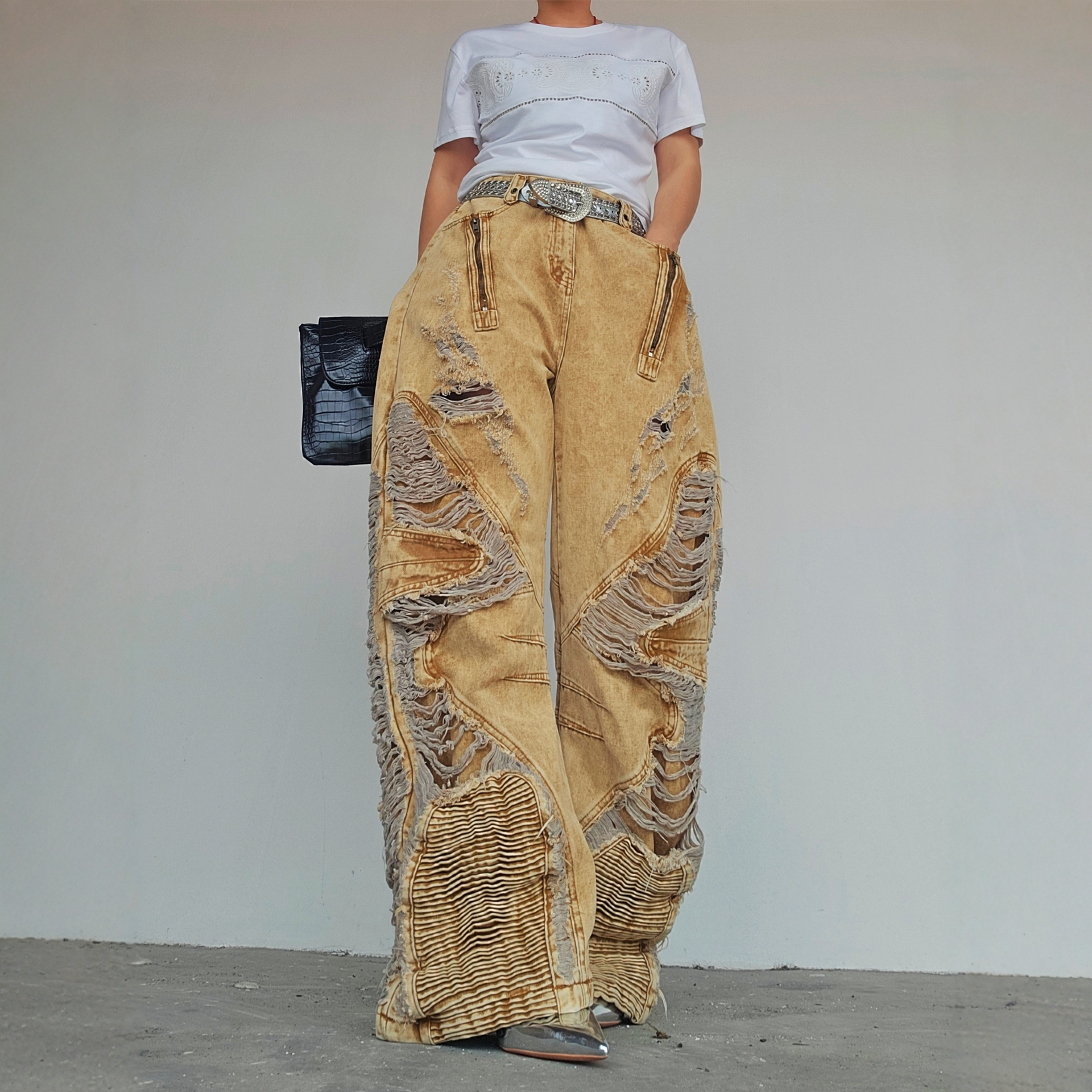 废土美式做旧破坏蜡染牛仔裤男女