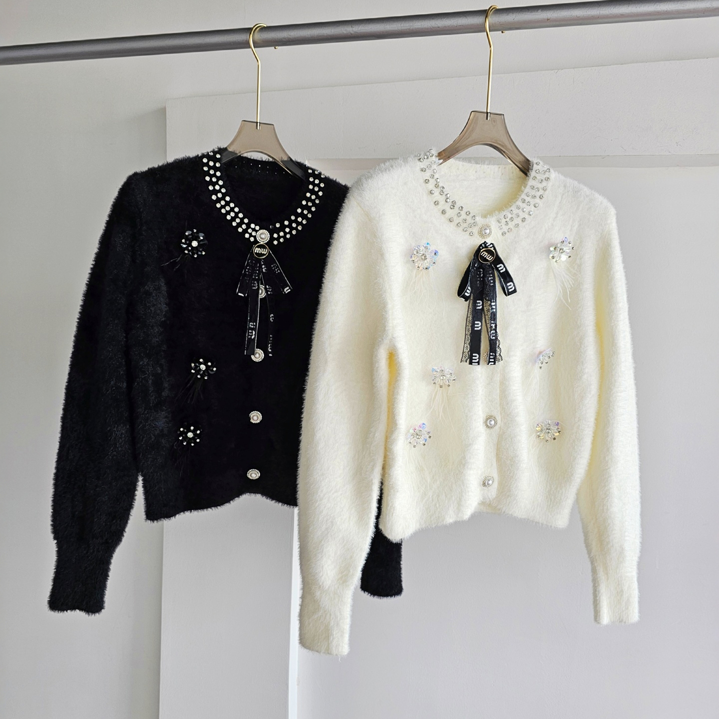 法式水貂绒毛衣小香风千金感钉珠