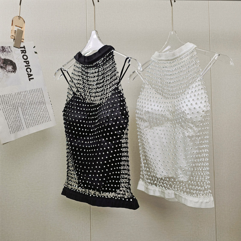 网红夏性感名媛重工闪钻网格镶钻外衬镂空罩衫挂脖背心吊带两件套