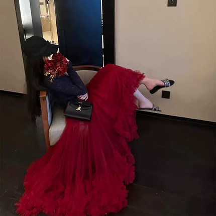 超级大摆高版本华丽法式网纱蓬蓬半身长裙女琉璃红高腰重工蛋糕裙