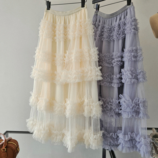度假风仙女气氛网纱层层重工拼接大裙摆蛋糕叠穿半身裙蓬蓬长裙子