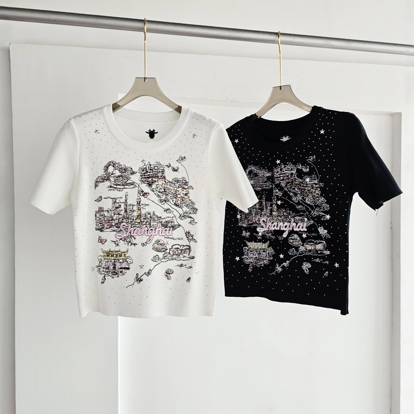 南法风轻奢重工上海外滩刺绣冰丝半袖针织衫修身圆领洋气套头上衣