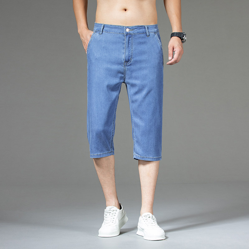 高弹力七分牛仔裤男 夏季薄款牛仔短裤 宽松直筒商务休闲风7分裤