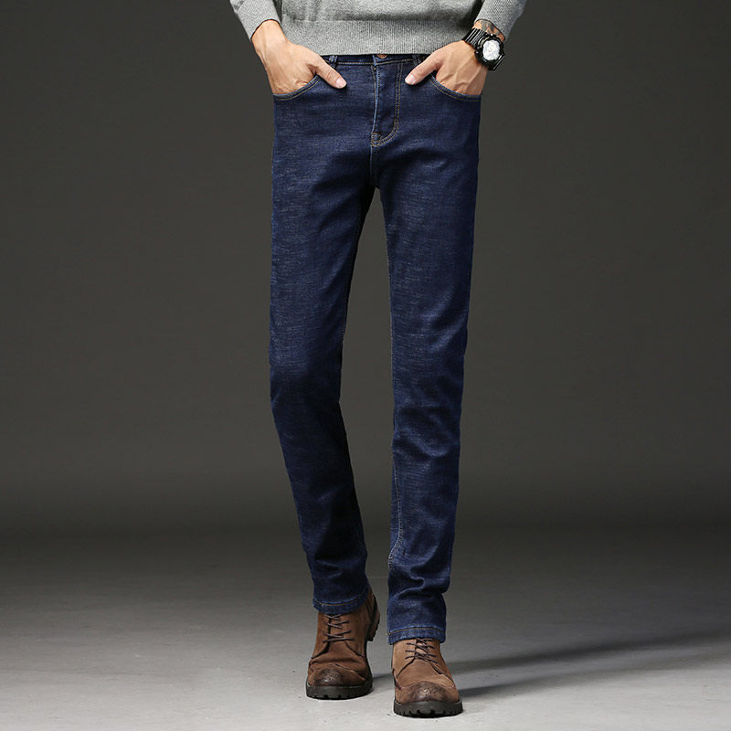冬季款修身直筒深蓝色高弹力牛仔裤男加绒加厚弹性长裤子潮流男装
