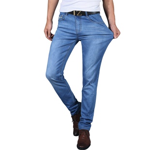 2025年 超高弹力牛仔裤男 夏季薄款修身小脚裤青年浅蓝色长裤子潮