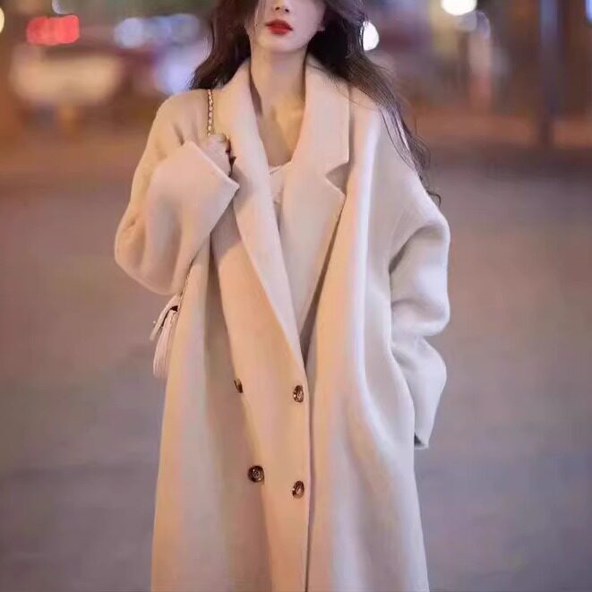 2025秋冬新款浅紫色双面呢羊毛大衣女中长款宽松韩版毛呢外套女