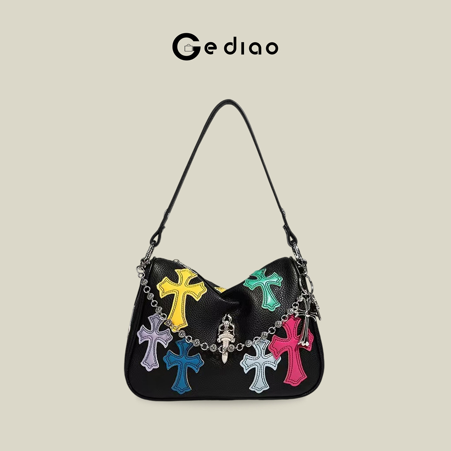 格调studio潮流撞色十字架真皮包包2026新款链条腋下包单肩托特包
