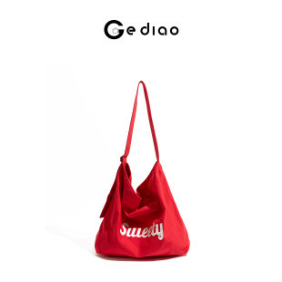 格调studio韩系字母印花帆布红色包包女款大学生上课单肩包托特包