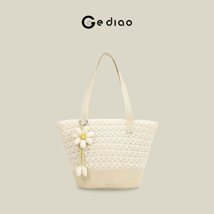 格调studio法式蕾丝花朵草编包包度假风托特包海边沙滩单肩腋下包