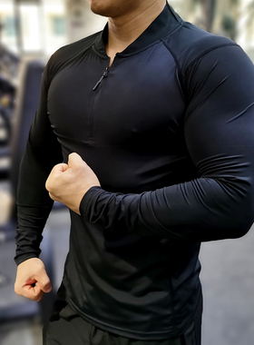 紧身衣男秋季白色健身长袖运动T恤速干透气高弹教练服立领POLO衫