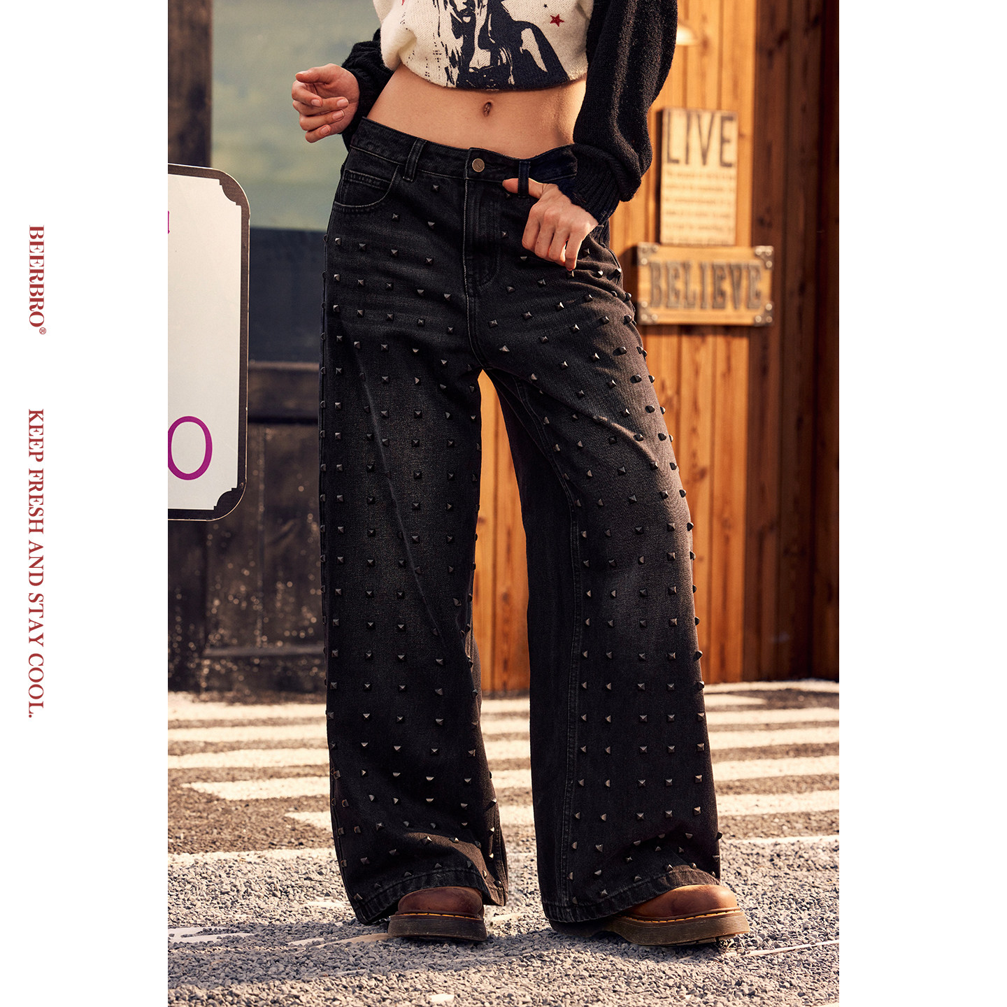BeerBro『旷野派对』百搭不挑人秋冬中低腰铆钉镶嵌阔腿牛仔裤,女装/女士精品,牛仔裤,淘宝优惠券,粉丝福利购,淘宝优惠卷