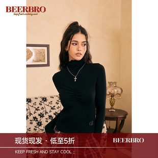 BeerBro 美式辣妹基础款高领打底针织衫女修身显瘦纯色T恤上衣