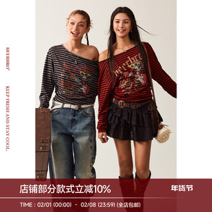 BeerBro『新启旅途』柔软亲肤小狗斜肩一字肩长袖条纹长袖T恤