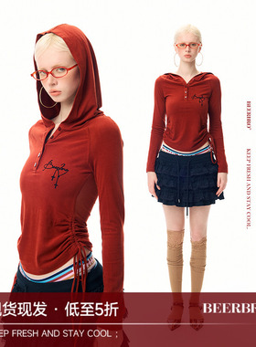 BeerBro『反叛Y2K』随意搭 春秋植绒针织磨毛感修身连帽针织衫女