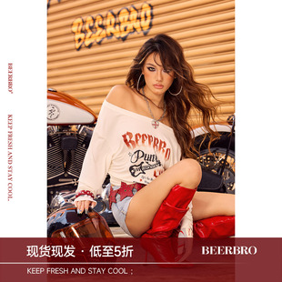 BeerBro『CITY MOTO』辣妹收腰显瘦斜肩渐变闪粉印花长袖T恤女