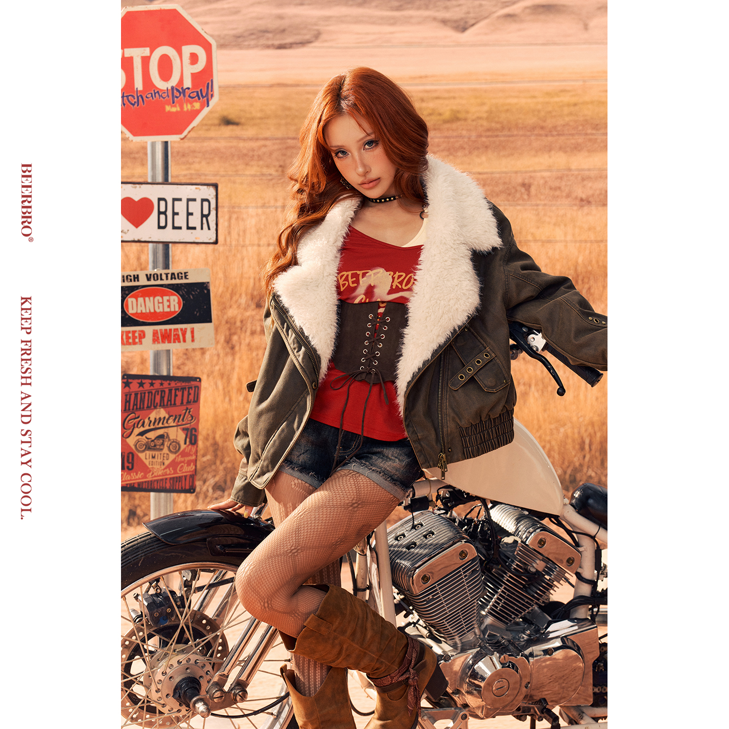 BeerBro『公路音速 』冬季保暖洗水皮辣妹短款毛领夹克外套女秋冬