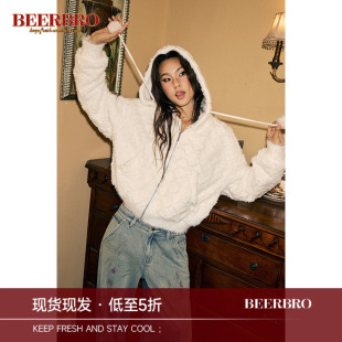 羊羔毛 复古休闲慵懒菱格仿貂毛外套女秋冬加厚短款 BeerBro 美式