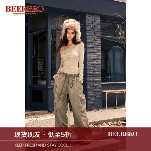 BeerBro 美式复古松紧腰立体多口袋阔腿工装裤女宽松绿色休闲长裤