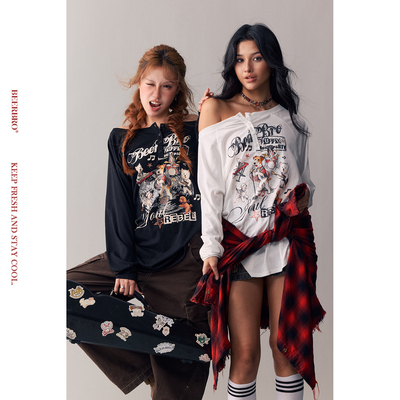 BeerBro 『复古声浪』乐队小狗图案前开扣一字插肩休闲长袖T恤