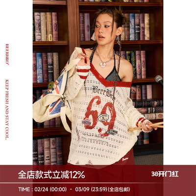 BeerBro『摇滚书吧』抗皱不变形V领可露肩辣妹撞色镂空毛衣女