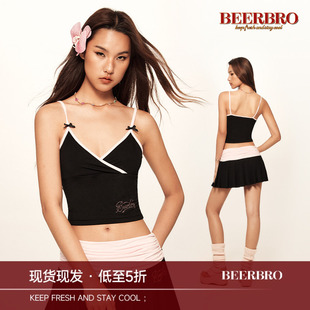 BeerBro 美式复古辣妹芭蕾少女撞色套装辣妹褶皱腰A字短款半身裙