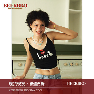 上衣 辣妹纯欲V领吊带背心蕾丝拼接印花短款 BeerBro 我爱小狗