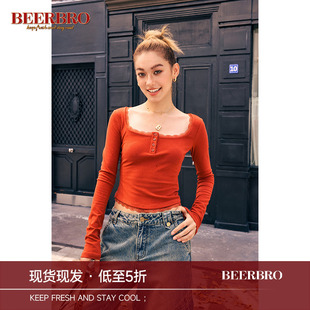 BeerBro 美式休闲方圆领半门襟打底衫女秋季辣妹修身内搭长袖上衣