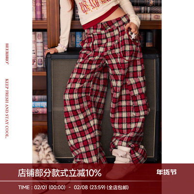 BeerBro『摇滚书吧』100%全棉裤型挺括肌理感休闲格子工装裤秋冬