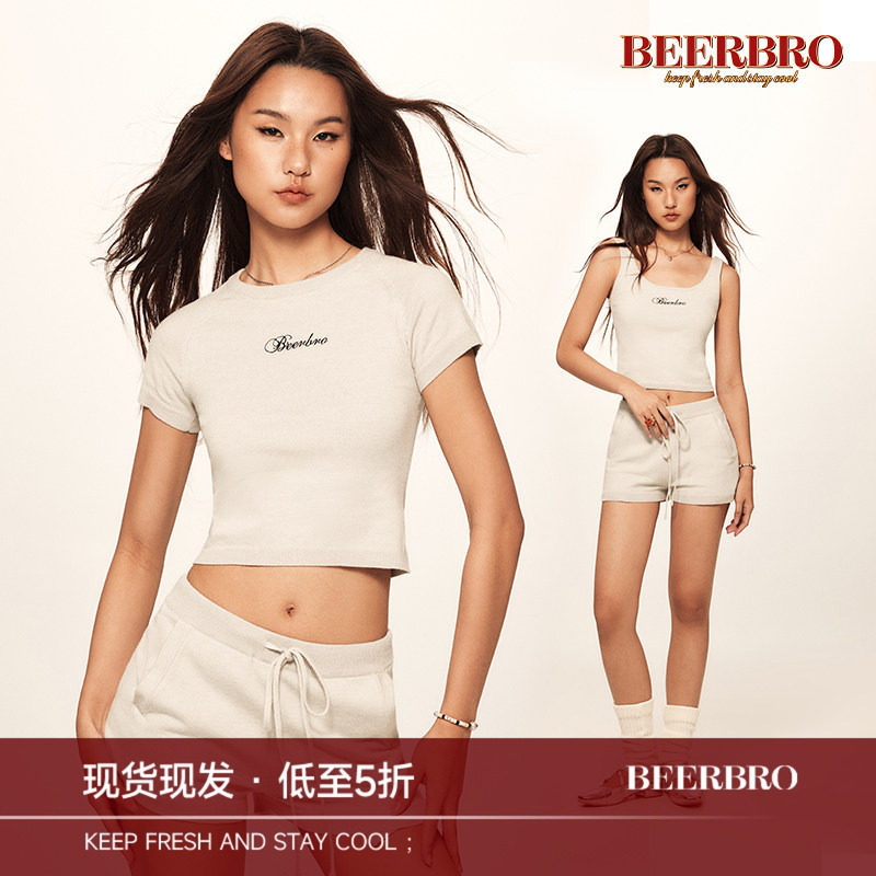 BeerBro 美式复古辣妹插肩袖T恤背心毛织短袖T恤上衣女短裤套装