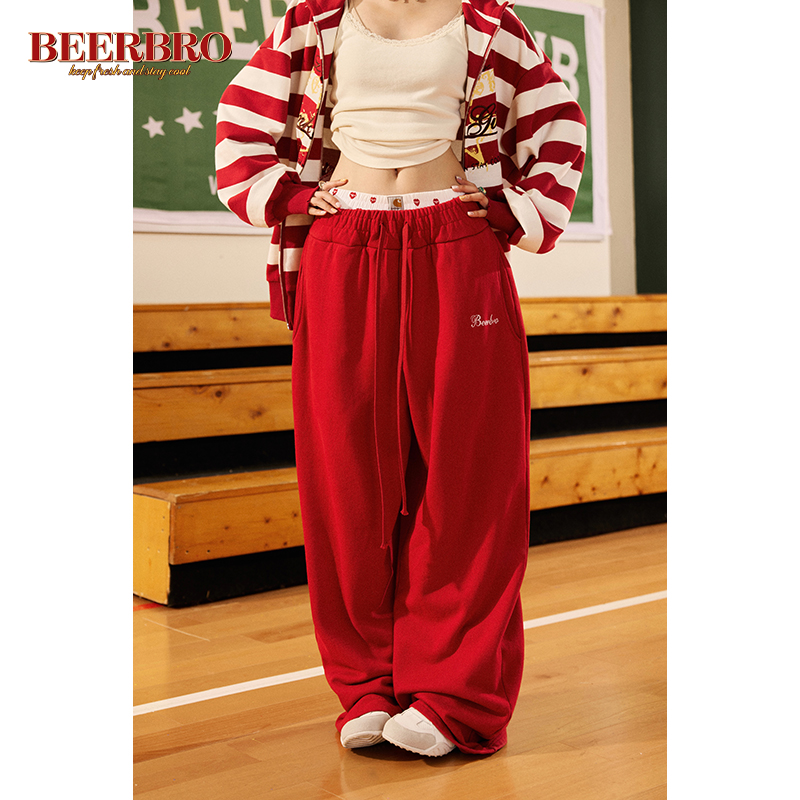 BeerBro 美式复古橡筋腰头抽绳卫裤女秋季慵懒风宽松休闲运动长裤