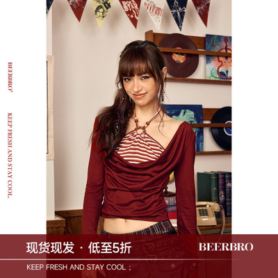BeerBro『摇滚书吧』轻盈舒适莱赛尔荡领条纹挂脖长袖假两件长袖