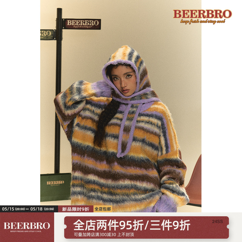 BeerBro 美式条纹慵懒风毛衣女秋冬宽松软糯开衫外套保暖毛绒帽子 女装/女士精品 毛衣 原图主图