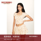 T恤女松紧腰半身裙套装 复古蝴蝶结樱桃碎花针织短袖 美式 BeerBro