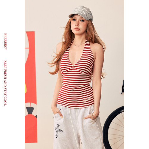 BeerBro『狂欢音乐节』天丝清爽舒适夏日辣妹百搭条纹挂脖背心女