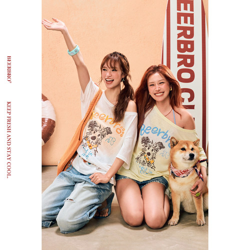 BeerBro『出逃西海岸』休闲小狗印花薄透短袖斜肩真两件套上衣