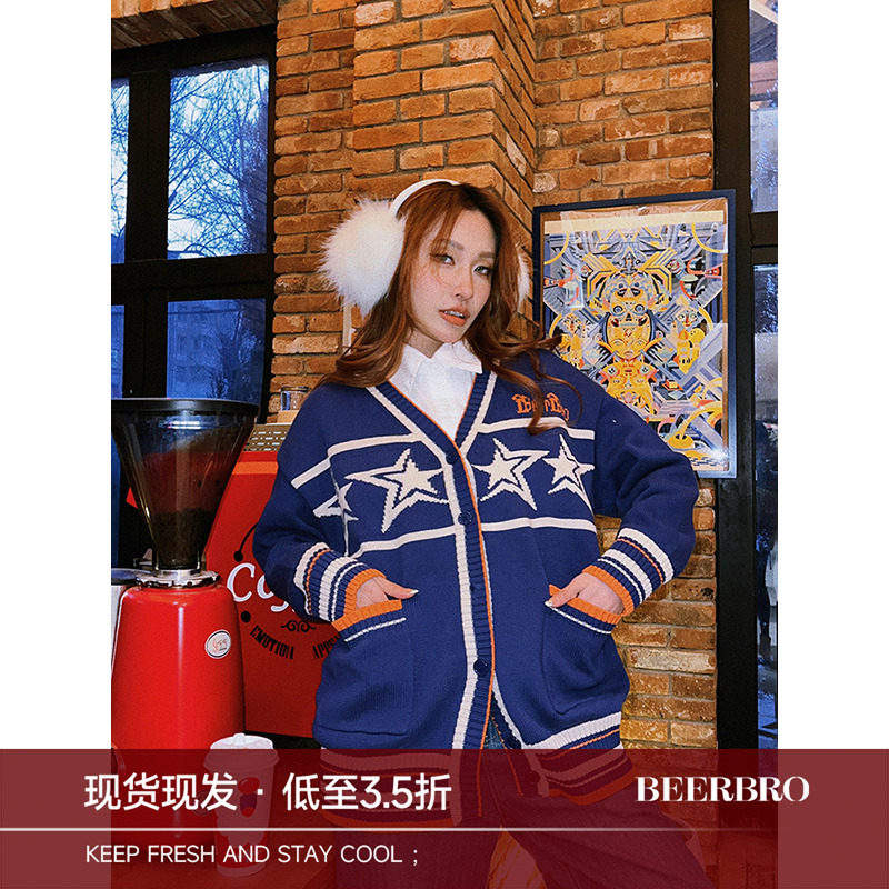 美式复古V领针织开衫毛衣