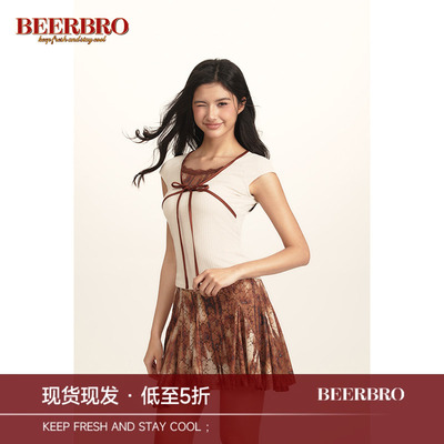 BeerBro 美式复古缎面蝴蝶结绑带辣妹修身V领假两件短袖T恤上衣女