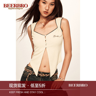 BeerBro 复古美式辣妹大宽领字母蕾丝花边修身开衫短袖T恤上衣女