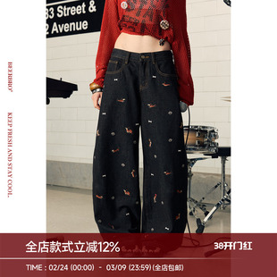 BeerBro 『明星同款』小小小弯刀版型原色牛仔小狗绣花牛仔裤女