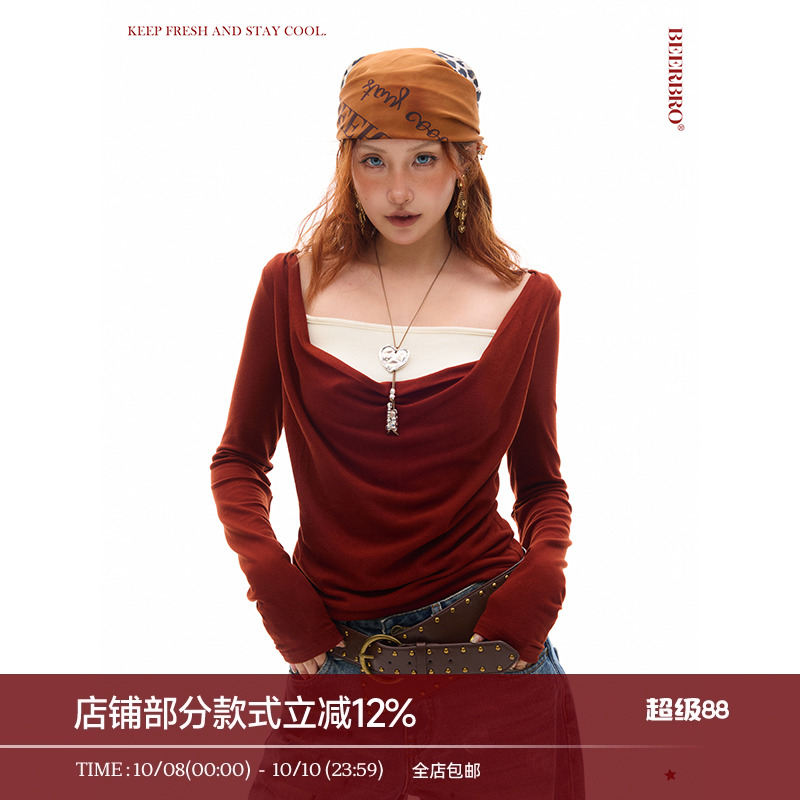 串珠假两件带胸垫荡领针织衫上衣