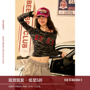 BeerBro 『明星同款』辣妹紧身大领口迷彩短款长袖针织T恤女