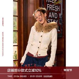 BeerBro『摇滚书吧』亲肤感纱线秋冬紧身可拆卸毛领短款毛衣外套