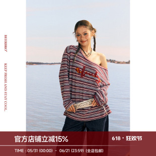 BeerBro『风帆运动社』斜肩一字肩休闲条纹长袖罩衫T恤女秋季