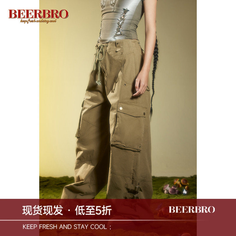 BeerBro 美式复古街头直筒工装裤女设计感抽绳分割洗水宽松休闲裤图片