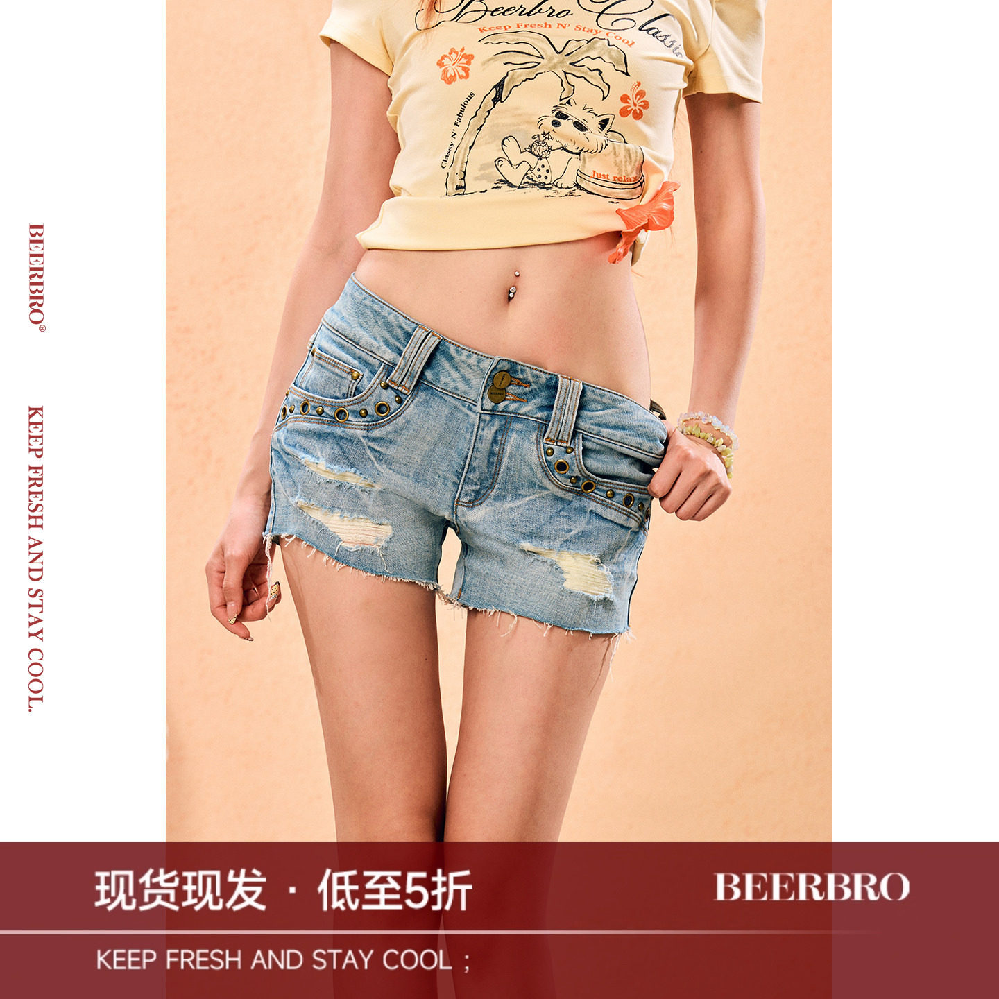 BeerBro『出逃西海岸』做旧复古水洗破洞铆钉显瘦低腰牛仔超短裤图片