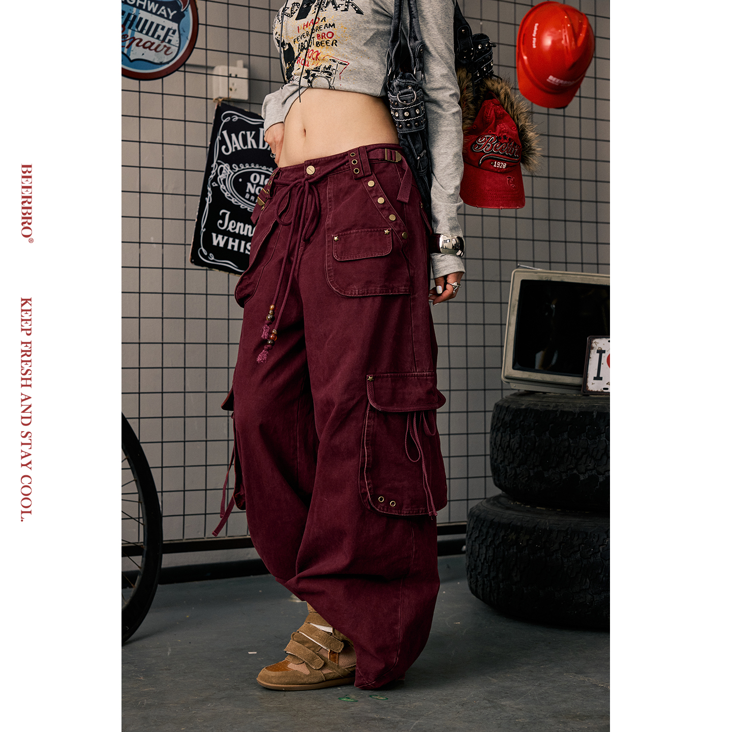 BeerBro『明星同款』精致全棉多口袋自带腰绳直筒休闲工装裤