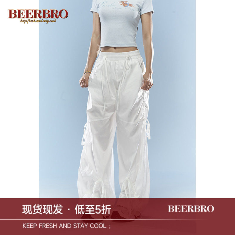 BeerBro 美式工装裤女夏季阔腿裤女抽褶宽松雅痞裤拖地运动长裤子图片