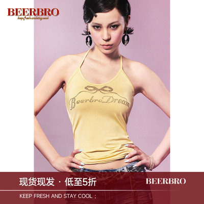 BeerBro 涩谷辣妹蝴蝶结烫钻挂脖背心美式复古修身显瘦内搭小上衣