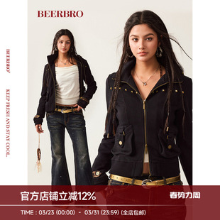 BeerBro『新启旅途』上身显瘦辣妹豹纹拼接金属撞钉修身卫衣外套