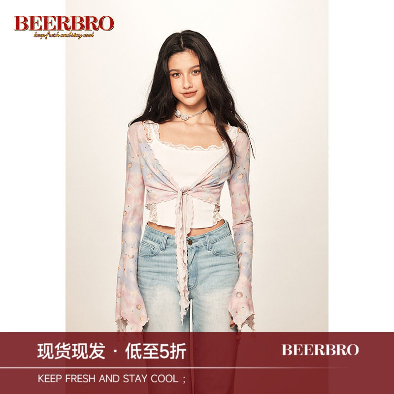 BeerBro 美式复古辣妹夏日海边迷幻贝壳印花网纱弹力罩衫上衣女图片